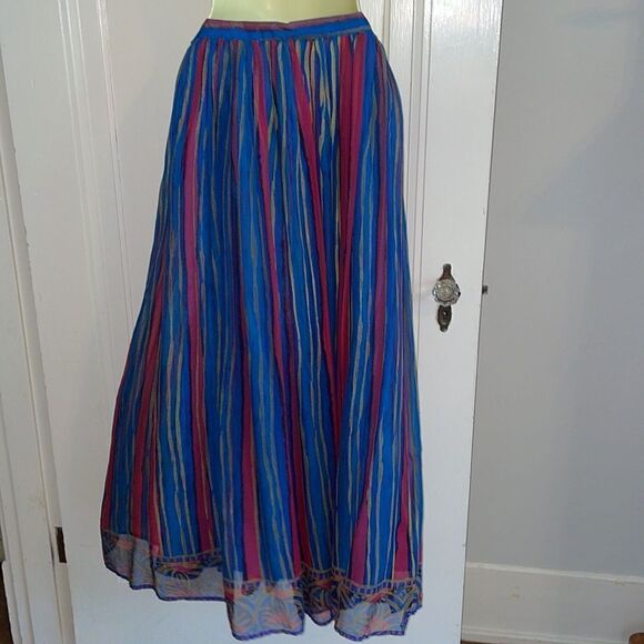 Vtg Monsoon turquoise, blue, fuchsia & gold striped silk outfit with full skirt - Picture 7 of 9
